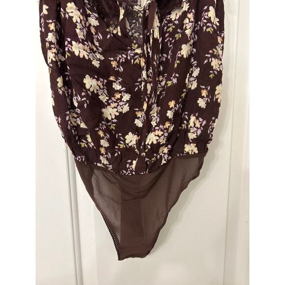 Intimately Free People Chocolate Brown Floral Ruffle Strap Tank Bodysuit Size XS - Picture 6 of 15